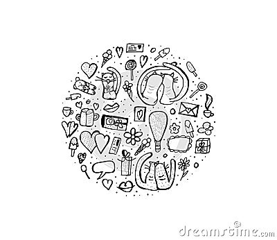 Doodle set with cute love symbols. Vector illustration. Vector Illustration