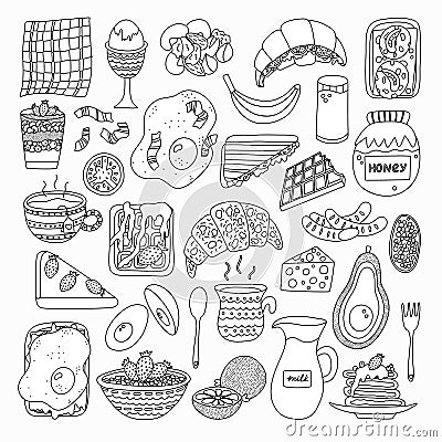 Big set of food and beverage for breakfast. Different variations for meal: vegetarian, healthy, fried, meat. Popular products. Egg Vector Illustration