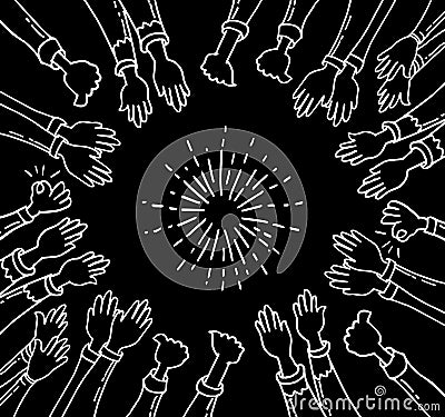 Doodle set hands up applause in circle with sunburst Vector Illustration