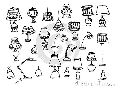 Doodle lamp set. Vector set of home lamps, floor lamps, chandeliers, and table lamps with a pattern with lines and dots drawn in Vector Illustration