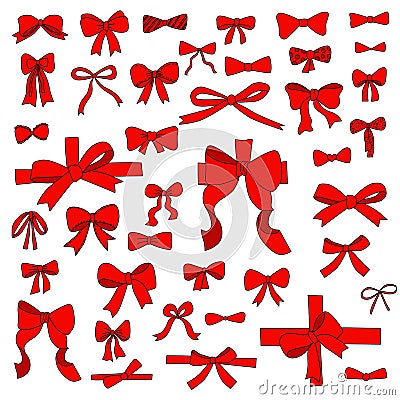 Doodle set of red bows, ribbons Vector Illustration