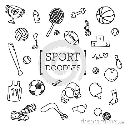 Doodle set of Sport items. Vector Illustration