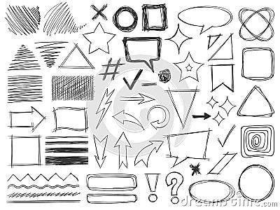 Doodle shapes. Drawings pencil monochrome textures strokes, arrows and frames, borders and hatched badges round and Vector Illustration