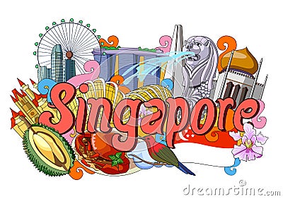 Doodle showing Architecture and Culture of Singapore Vector Illustration