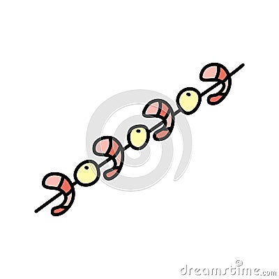 Doodle shrimps with mozarella on the skewer. Vector Illustration