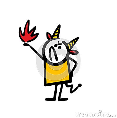 Doodle simple drawn stick figure devil with big horns holds a fire in his raised hand and gets angry. Vector Illustration