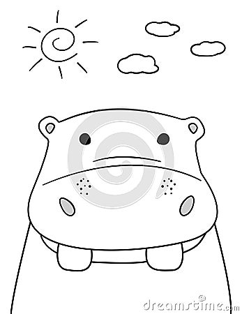 Doodle sketch Hippo with sun and clouds illustration. Cartoon vector hippopotamus. Doodle style. Wild mammal animal.Behemoth. Vector Illustration