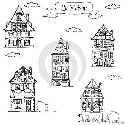 Doodle sketch House in a traditional european style. Vector Illustration