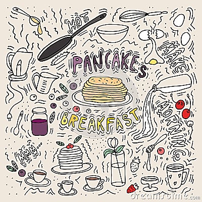 Doodle sketch. Pancakes maker. Morning meal. Vector illustration. Vector Illustration