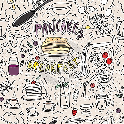 Doodle sketch . Pancakes maker . Morning meal Vector objects Cartoon Illustration