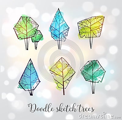 Doodle sketch trees on white glowing background Vector Illustration