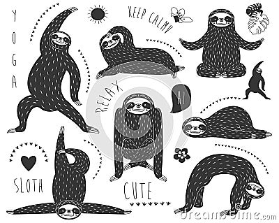 Doodle Sloth Bear Yoga Pose Collections Vector Illustration