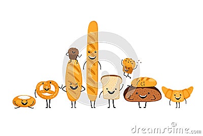 Doodle bread characters set Vector Illustration