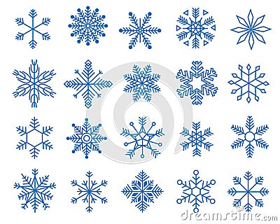 Doodle snowflakes. Variations of winter blue symmetrical snow flakes, geometric frozen crystal icons Christmas New year Vector Illustration