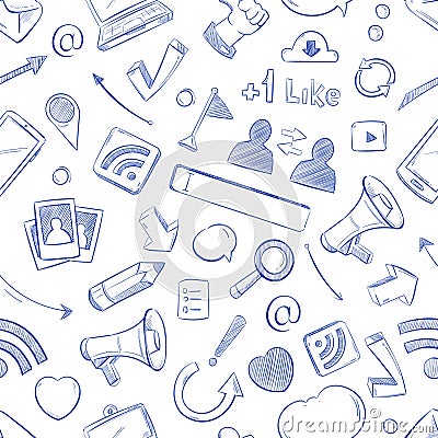 Doodle social media, movie, music, news, video, online marketing, sms vector seamless backdrop Vector Illustration