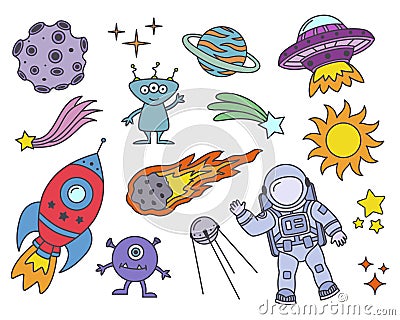 Doodle space bundle. Hand drawn colorful cosmic collection. Exploration set. Astronaut, Rocket, Planet, Sun Vector Illustration