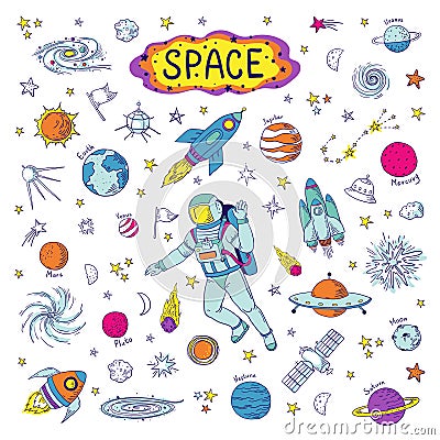 Doodle space. Cosmos trendy kids pattern, hand drawn rocket ufo universe meteor planet graphic elements. Vector Vector Illustration