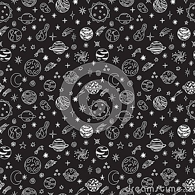 Doodle space seamless pattern. Cute hand drawn childish background. Cosmic objects set. Cartoon galaxy with comets, asteroids, sta Vector Illustration