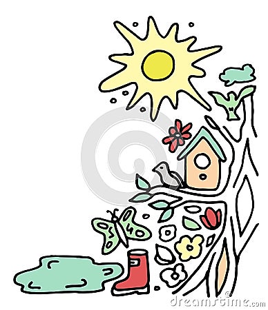 Doodle spring illustration with a tree on which there is a birdhouse with a bird Cartoon Illustration