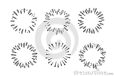 Doodle starburst. outline splash with drops. firework isolated light. decorative simple round frame. Vector Illustration