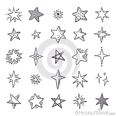 Doodle stars. Cute pen sketch space elements, simple geometric set, hand drawn star pattern for print textile. Vector Vector Illustration