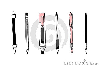 Doodle stationery. Pens and pencils. Office supplies. School accessories. Isolated highlighter. Ink stylus. Line Vector Illustration