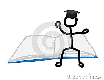 Doodle stickfigure with black graduate cap sitting on open books Vector Illustration