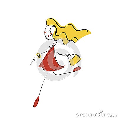 Doodle stickman illustration concept. Glamor girl in red dress in shopping haste Vector Illustration