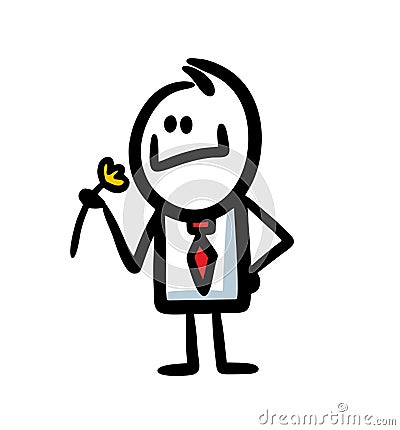 Doodle stickman in office dress code costume and tie smelling a flower with happy smile. Vector Illustration