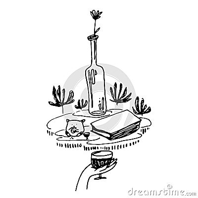 Doodle still life with a hand raising a glass in front of a table with a bottle of wine and a book Vector Illustration