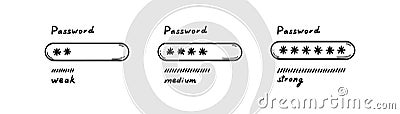 Doodle strong, weak, medium password concept. Hand drawn sketch login, logout, verification, sign up, authorisation illustration. Vector Illustration