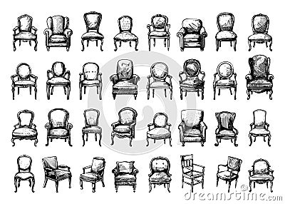 Doodle Style Antique Chairs Icons Set. Hand Drawn Simple Black Icons on White Background. Vintage Seating Furniture for Vector Illustration