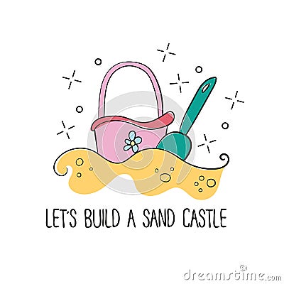 Doodle style childrens beach sand castle bucket and shovel in vector format Vector Illustration