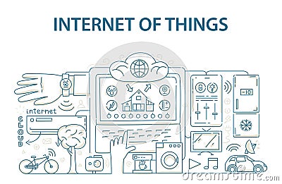 Doodle style design concept of internet of things data technology, network infrastructure of connecting everything. Vector Illustration