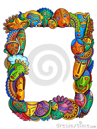 Doodle style frame of colorful African mask Vector Illustration