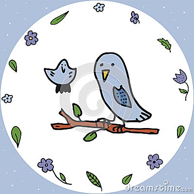 Doodle style hand drawn. An owl is sitting on a branch with leaves. The chick is flying. Flower wreath Vector Illustration