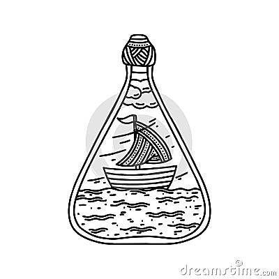 Doodle style illustration. The ship inside the bottle, hand-drawn Vector Illustration