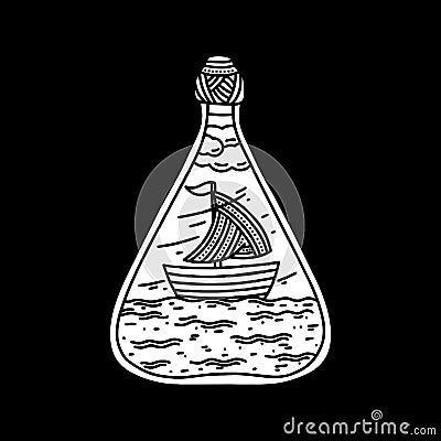 Doodle style illustration. The ship inside the bottle, hand-drawn Vector Illustration