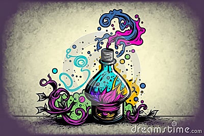 Doodle style poison or healing colorful potion on table, generative ai Stock Photo