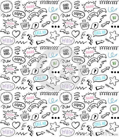 Doodle style seamless pattern with speech bubbles and comic style elements, hand drawn illustration Vector Illustration