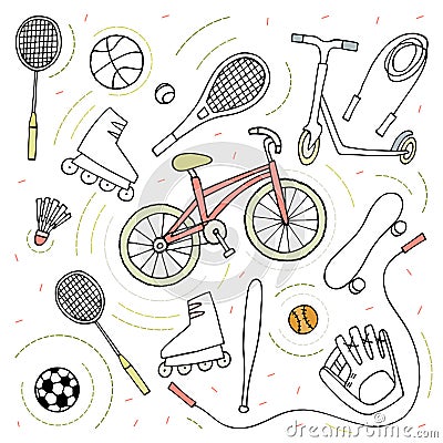 Doodle style sketch . Sport activity Bike , roller skates , scooter , skateboard , balls , tennis rackets , rope Vector Illustration