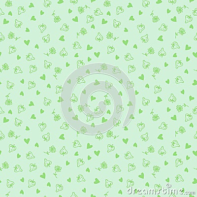 Doodle style strawberries, flowers and hearts green seamless pattern. Perfect for scrapbooking, textile and prints. Cartoon Illustration