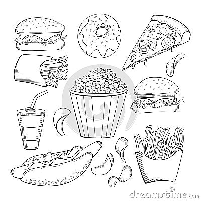 Doodle style various fast foods collection. Food icon set. Vector Illustration