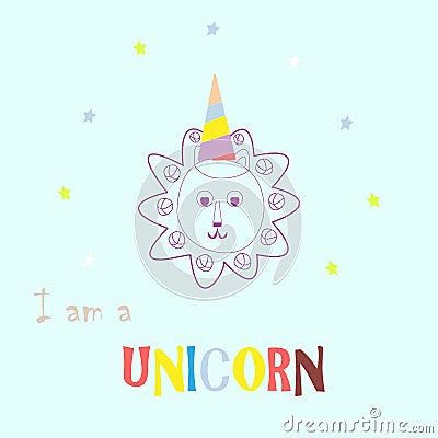 Doodle style vector illustration for cards, invitations. Lion unicorn and stars Vector Illustration