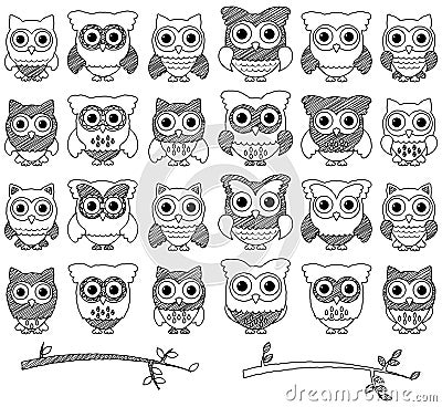 Doodle Style Vector Set of Cute Owls Vector Illustration