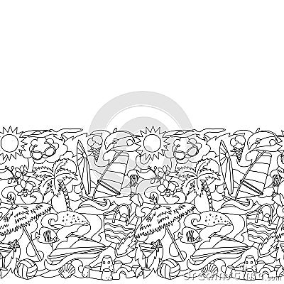 Doodle Summer Beach Seamless Border Vector Illustration