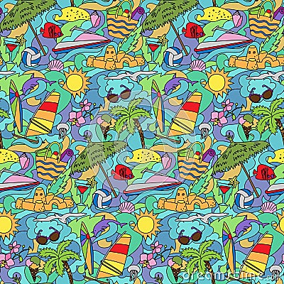 Doodle Summer Beach Seamless Pattern Vector Illustration