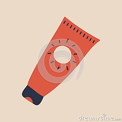 Doodle sunscreen. A tube of sun cream. Cosmetic packaging. Skin care. Hand drawn red tube. SFP protection. Three colors. Vector Illustration