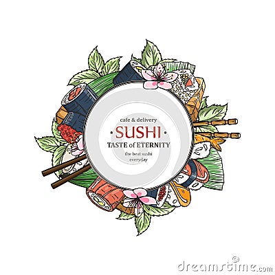 Doodle sushi restaurant and delivery design template. Asian food composition. Vector Illustration