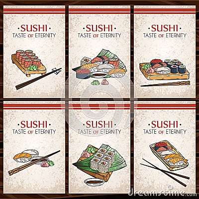 Doodle sushi and rolls on wood. Japanese traditional cuisine dishes illustration. Vector Illustration
